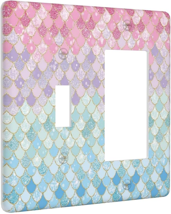 Colorful Mermaid Scales 2 Gang Single Toggle Rocker Combination Light Switch Cover Decorative Wall Plate Cover Electrical Faceplate for Bathroom Girls Bedroom Kids Baby Nursery Living Room Decorate