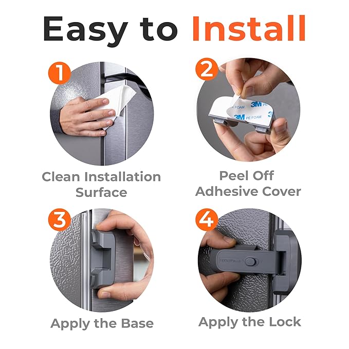 2-Pack Child Proof Fridge Lock with Adhesive - No Tools Required - Refrigerator Lock for Kids - Freezer Latch to Keep Door Closed - for Toddlers, Cats, & Dogs.