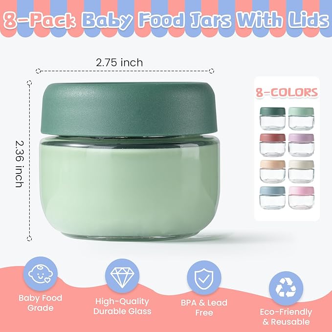 Glass Baby Food Storage Containers, Baby Food Jars, 8 Pack Small Glass Containers with Lids, 4 oz Leakproof Baby Food Storage Containers, BPA Free Microwave/Freezer/Dishwasher Safe, Kids Spoon Fork