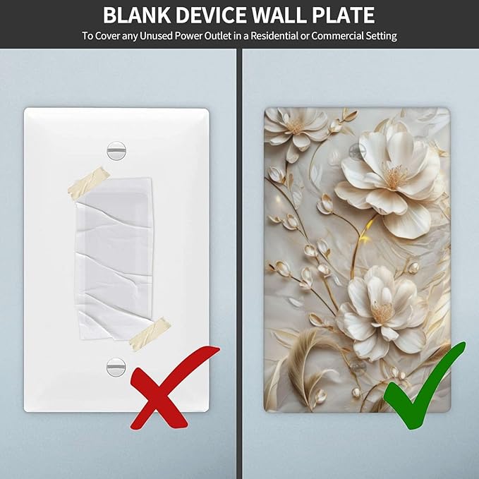 Decorative Art Light Switch Covers Elegant White and Gold Florals 1 Gang No Device Blank Switchplate Electrical Faceplate for Home Decor