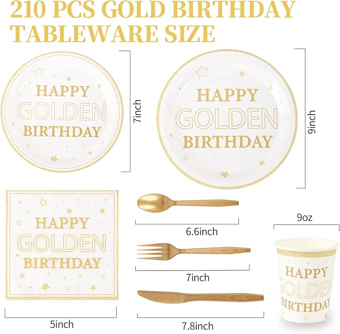210pcs Golden Birthday Party Supplies,Gold Birthday Paper Plates Napkins Gold Glitter Dessert Party Tableware Set for Women Men Anniversary Wedding Party Decoration,Serve 30