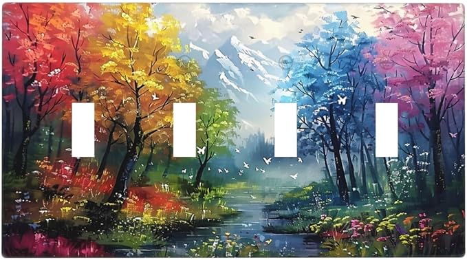 Colorful Forest Snow Mountain River Oil Painting Style Light Switch Covers Quad Toggle Electrical Faceplate 4 Gang Wall Plate Decorative Switch Plates Cover for Bedroom Living Room Decor