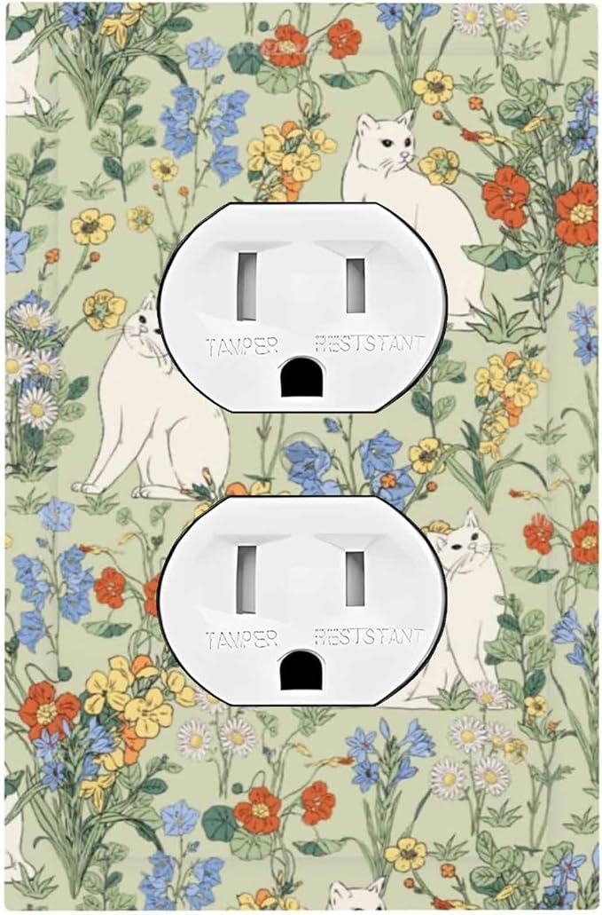 Outlet Covers Vintage Floral Cute Cat Colorful Flowers 1 Gang Duplex Light Switch Cover Decorative Switch Plates Electrical Receptacle Faceplate Wall Plate For Bed Room Living Room Decor