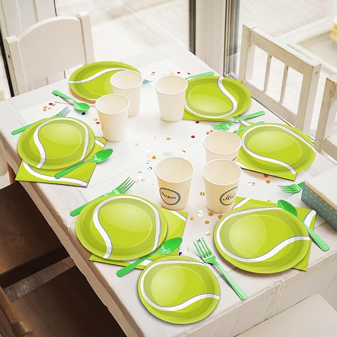 96 Pcs Tennis Party Plates Napkins Tableware Set Tennis ball Supplies Disposable Dinnerware Sports Birthday Decoration Favors for Baby Shower Brithday Party, 24 Guests