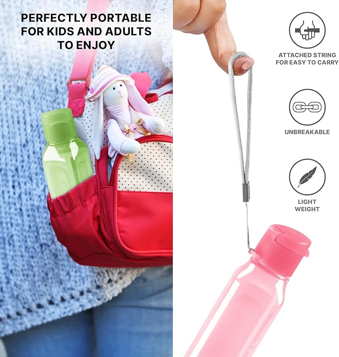 MILTON Bulk Water Bottles Set of 4 – 10 and 17oz Multicolor Bottles for Kids and Adults – Leak Proof with Carry Strap – Square Reusable Bottles for Juice, Drinks BPA-Free Dishwasher-Safe