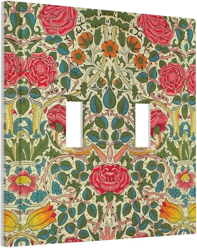 William Morris Roses Floral 2 Gang Light Switch Cover VintageTulip Flower Plant Bird Double Toggle Wall Plate Decorative Electrical Switchplate Covers for Country Bedroom Home Decor