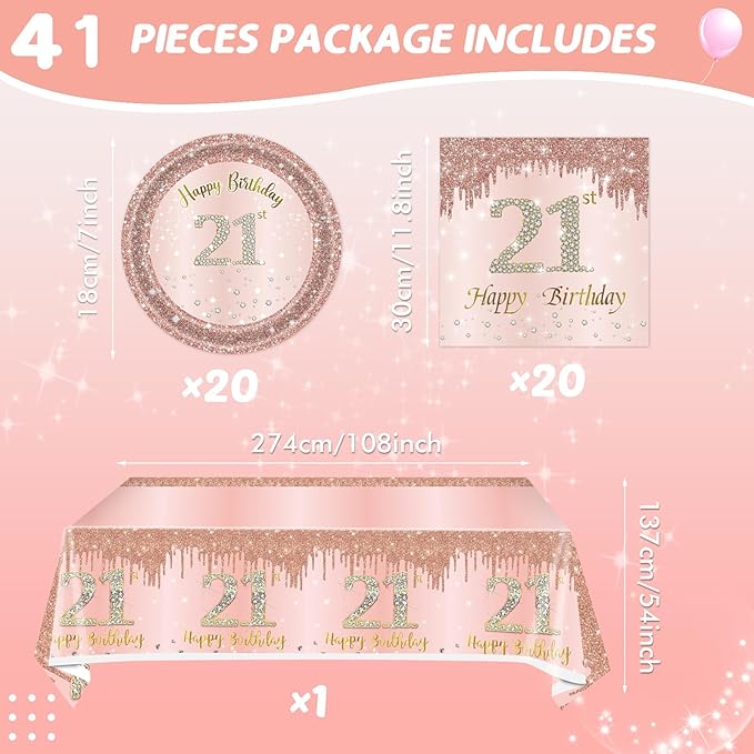 Ryzovo 41Pcs Rose Gold 21st Birthday Party Supplies: 20Pcs Plates, 20Pcs Napkins, 1Piece Tablecloth for 20 Guests - Modern, Disposable, Rose Gold 21st Birthday Theme