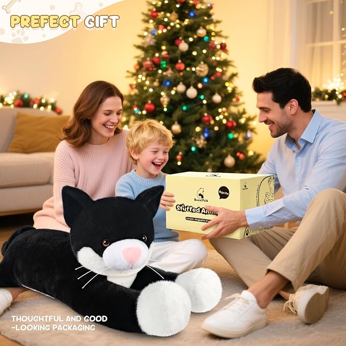 SuzziPals 43 inch Black and White Cat Stuffed Animal, Lifelike Tuxedo Cat Plush Toy for Stress Relief & Companion, Extra Soft Giant Stuffed Animals, Giant Plushies Gifts for Kids Adults
