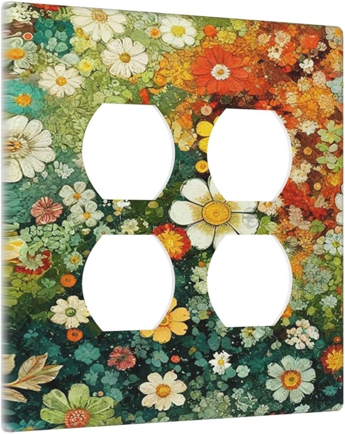 Decorative Light Switch Cover Plate Colorful Flowers Green Plants Meadow Floral 2 Gang Switch Plate Covers Double Duplex Wall Plates Switch Plates and Outlet Covers for Bathroom Bedroom