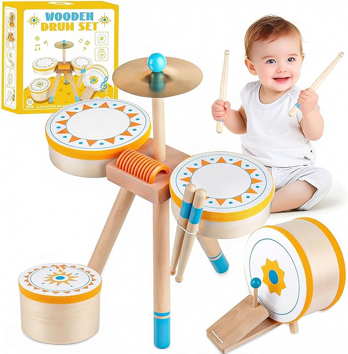 Toddlers Drum Set Toy for 3 Years Old ,Kids Wooden Jazz Drum for Toddlers Montessori Musical Instruments for Boy Girl, Percussion Set Baby Musical Toys, Birthday Gift for 3+ Kids Baby