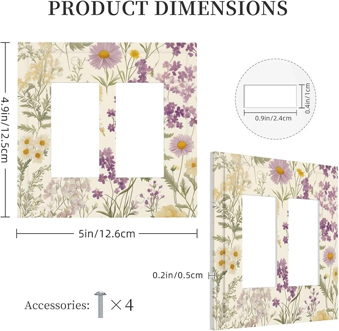 Watercolor Floral Leaves Double Rocker Light Switch Cover Small Purple Flowers Daisies 2 Gang Outlet Covers Switchplates Decorative Electrical Wall Plate for Country Bedroom Living Room Decor