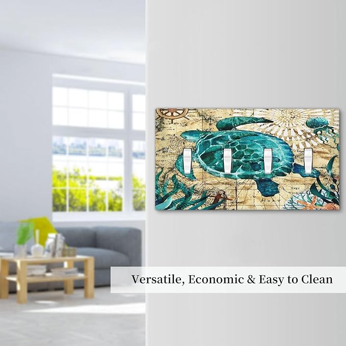 Nautical Ocean Map Tortoise Turtle 4 Gang Device Light Switch Cover Decorative Quad Toggle Wall Plate Decorative Electrical Faceplate for Home Bedroom Art Decorate