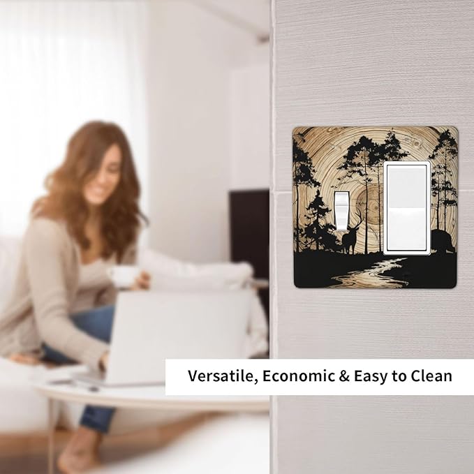 Rustic Forest Antler Black Bear Deer Silhouettes Outlet Covers 1 Toggle 1 Rocker Combination Decorative Wall Plate Electrical Switch Plates Light Switch Cover Plate for Farmhouse Home Decor