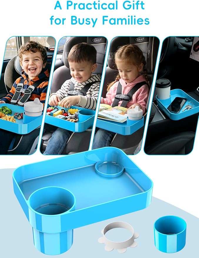 Car Seat Cup Holder Snack Tray for Kids, Reduces Mess, Detachable Large Base & Adjustable Ring, Carseat Tray for Toddler, Car Seat Food Tray Eating Table for Kids Travel Road Trip -Sky Blue