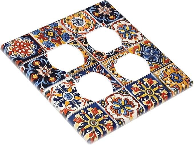 Mexican Talavera Tiles Flower Vintage Outlet Covers 2 Gang Double Duplex Decorative Light Switch Covers Electrical Wallplates Socket Faceplate for Kitchen Bathroom Decor