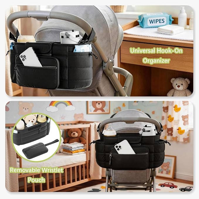 Stroller Organizer Caddy with Insulated Cup Holder & Detachable Phone Purse, Lightweight Universal Stroller Caddy for Busy Moms - Black