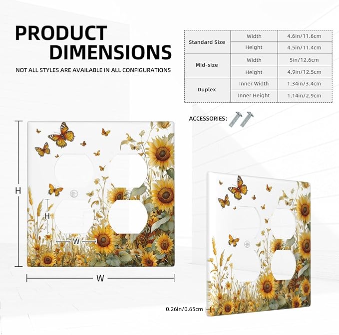 Sunflower Gold Wildflowers Summer Butterfly Outlet Covers 2 Gang Double Duplex Decorative Light Switch Covers Electrical Wallplates Socket Faceplate for Bedroom Living Room Decor