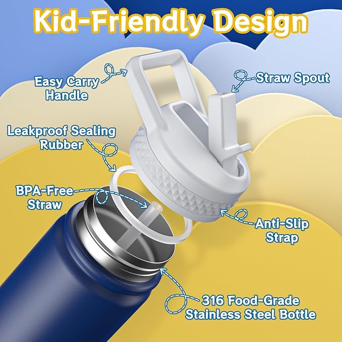 baab 18oz Kids Water Bottle, Insulated Water Bottle with Straw & Stickers, 18/8 Stainless Steel Vacuum Leakproof Kids Water Straw Cup for School, Gift for Boy Girl (Navy Blue+Light Blue, 2 Pack)