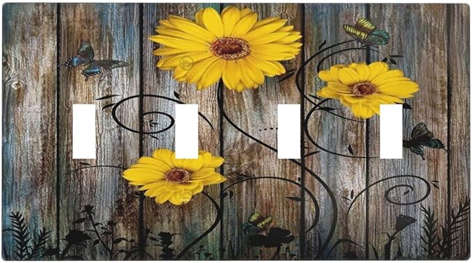 Rustic Barn Sunflower Wooden Daisy Flower Plank Light Switch Covers Quad Toggle Electrical Faceplate 4 Gang Wall Plate Decorative Switch Plates for Farmhouse Home Decor