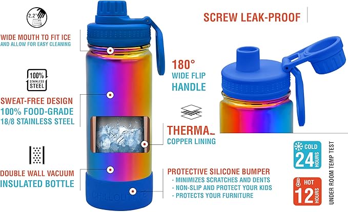 CHILLOUT LIFE 17 oz Kids Insulated Water Bottle for School with Leakproof Spout Lid and Cute Waterproof Stickers, Personalized Stainless Steel Thermos Flask Metal Water Bottle, Dishwasher Safe Color