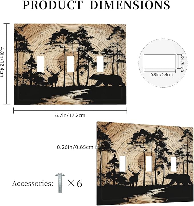 Rustic Forest Antler Black Bear Deer Silhouettes Decorative Switch Plates 3 Gang Wall Plate Triple Toggle Light Switch Cover Faceplate Electrical Wall Panels for Farmhouse Home Decor