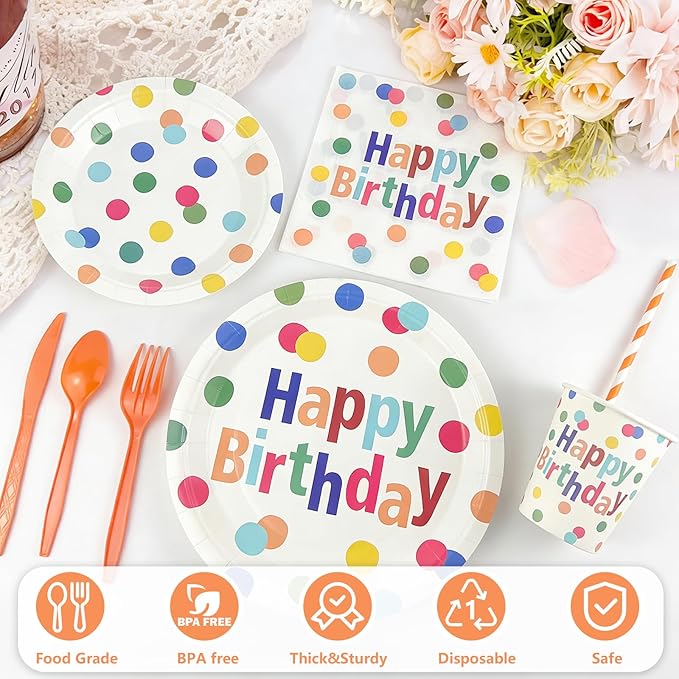 Happy Birthday Plates and Napkins Party Supplies Set,90Pcs Birthday Plates and Napkins Tableware Sets with Forks Cups,Disposable Colorful Birthday Party Decorations