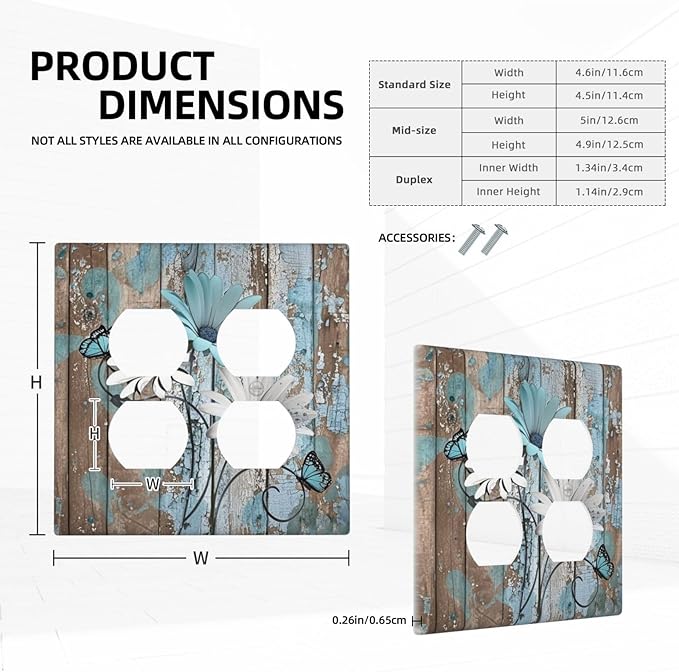 Outlet Covers Rustic Flower Teal Turquoise Daisy Butterfly 2 Gang Double Duplex Decorative Light Switch Covers Electrical Wallplates Socket Faceplate For Farmhouse Cabin Decor