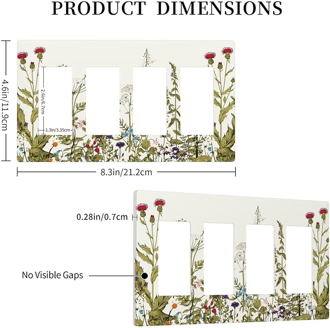Country Vintage Wild Flowers Floral 4 Gang Quad Rocker/GFCI/Decorator Light Switch Cover Plate Decorative Electric Faceplate Decorative Switchplate Screwless