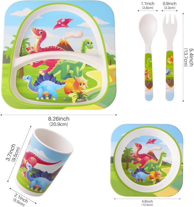 Qshare Bamboo Toddler Dinnerware Set,5Pcs Baby Plates and Bowls,Bamboo Kids Plates and Bowls Set,Kids Dishes Dinnerware Sets with Plate,Bowl,Cup,Fork and Spoon (Tyrannosaurus)