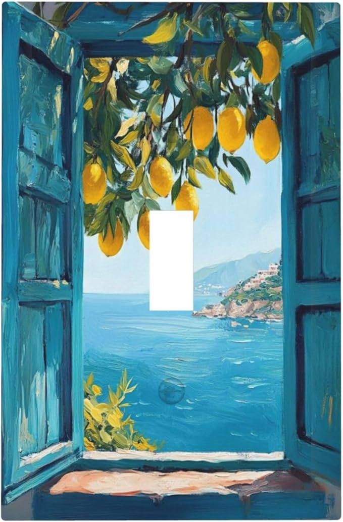 Window View Coastal Lemon Tree Mediterranean Landscape Decorative Light Switch Cover 1 Gang Single Toggle Device Electrical Faceplate Switchplates Decorator Outlet Wall Plate for Bedroom Living Room