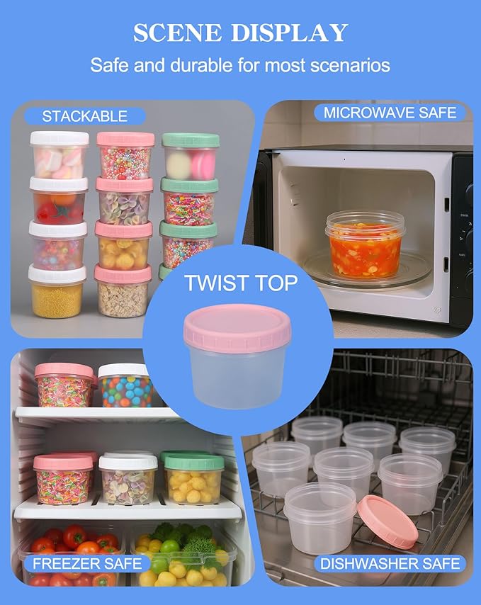 Food Storage Containers - 12 Pack 6.8 oz Freezer Storage Containers with Twist Top Lids, Leakproof, BPA Free, Microwave & Dishwasher Safe Takeout Container - Ideal for Soup and More