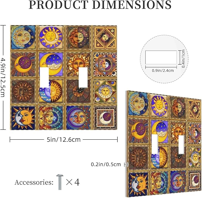 Mexican Talavera Tiles Star Pattern Celestials Theme Print Decorative Switch Plates 2 Gang Double Toggle Outlet Light Switch Cover Wall Plate Electrical Faceplate for Kitchen Home Decor