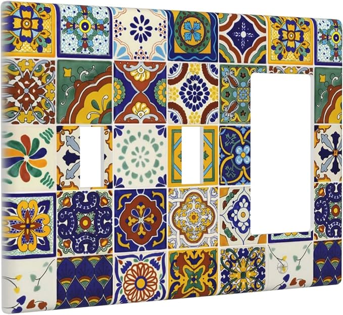 Decorative 3-Gang 2-Toggle 1-GFCI/Decorator Combination Light Switch Cover Kitchen Yellow/Blue Mexican Tile, Sun Moon Moroccan Boho Tile Combo Double Toggle Switches/Rocker Outlet Cover and Wall Plate