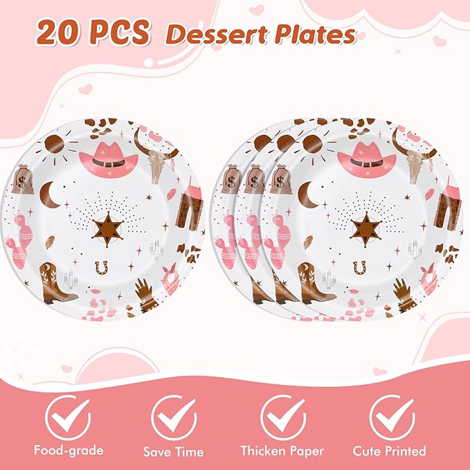 62Pcs Cowgirl Party Decorations Pink Western Cowgirl Party Supplies, 20 9'' Plates 20 7'' Plates 20 Napkins and 2 Cowgirl Tablecloth for Wild West Cowgirl Theme Birthday Party Baby Shower Dinnerware