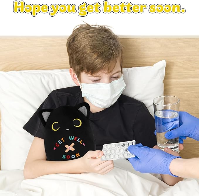 Black Cat Plush, 8 inch Get Well Soon Stuffed Cat Plushie Feel Better Gift Get Well Gift for Kids Women, Cute Plushies Huggable Kitten Pillow for After Surgery Recovery, Cat Lover Gifts