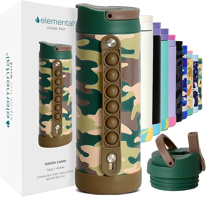 Elemental Iconic Kids Water Bottle for School - 100% Leak-Proof Insulated Water Bottles with Straw Lid & Pop-It Handle for Boys & Girls - Triple-Wall Insulated & BPA-Free, 14oz – Green Camo