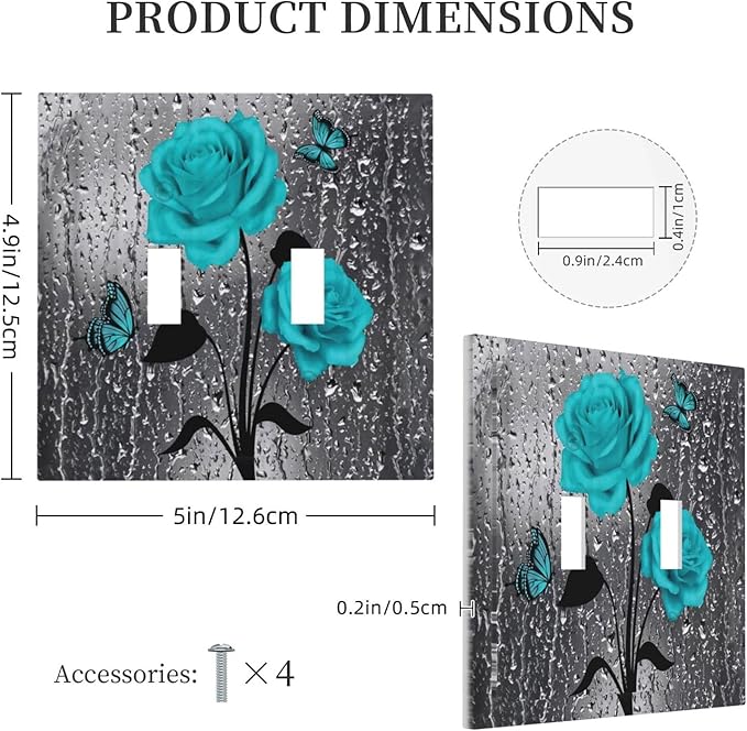Aqua Turquoise Teal Blue Gray Rose Flower Floral Decorative Double Toggle Wall Plate Outlet Light Switch Cover 2-Gang Valentine's Day Romantic Pretty Butterfly Woman Electrical Receptacle Jumbo Size