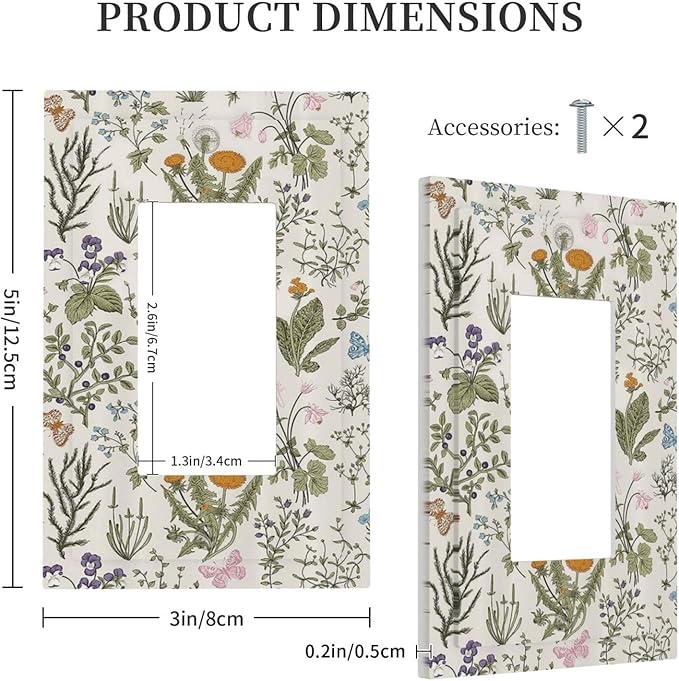 Outlet Covers Boho Floral Vintage Flowers Plants 1 Gang Duplex Light Switch Cover Plate Decorative Wall Plates Electrical Switchplate Receptacle for Bathroom Bedroom Decor（2 Pack）