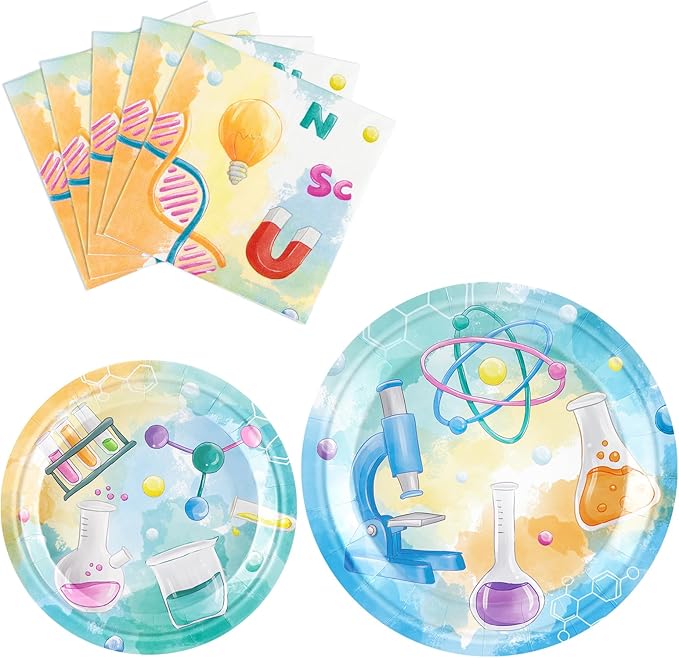 WERNNSAI Science Party Decorations - 48 Pcs Science Plates and Napkins Mad Scientist Birthday Decoration Chemistry Party Plates Set Little Scientist Labratory Favors Serves 16 Guests
