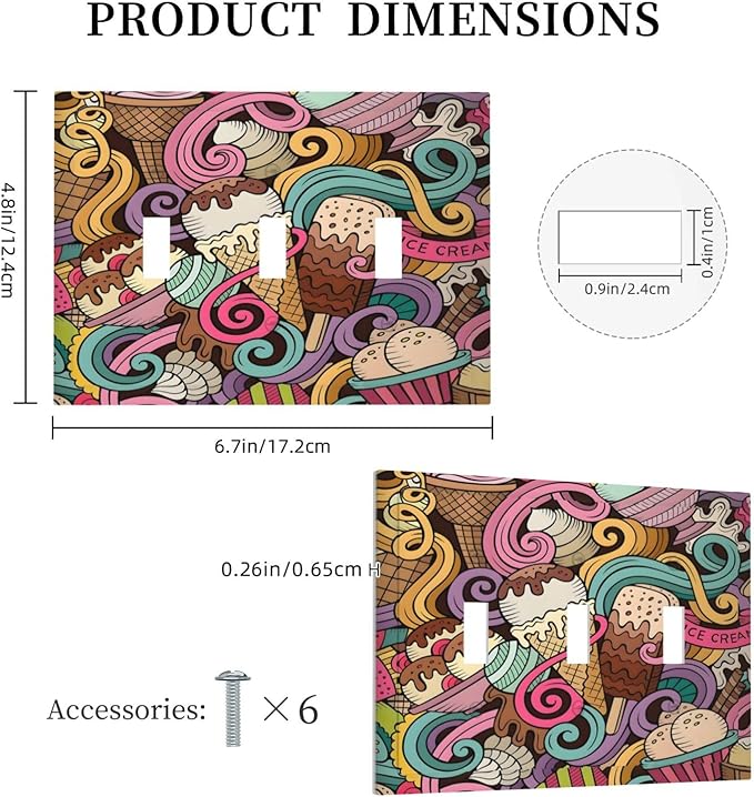 Cartoon Hand Drawn Ice Cream Doodles Colorful Print Decorative Switch Plates 3 Gang Wall Plate Triple Toggle Light Switch Cover Faceplate Electrical Wall Panels for Kids Room Nursery Decor