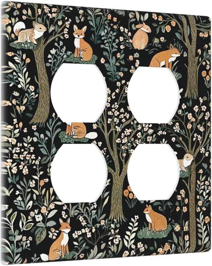 Outlet Covers Fairy Forest Animals Fox Squirrel Flower 2 Gang Double Duplex Decorative Light Switch Covers Electrical Wallplates Socket Faceplate For Bed Room Farmhouse Decor