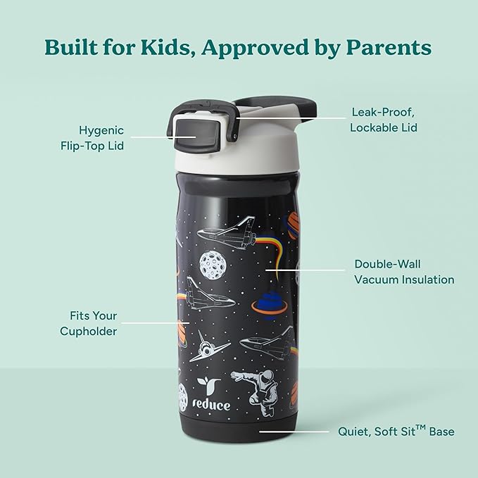 Reduce Hydrate Pro Kids 14oz Stainless Steel Insulated Water Bottle w/Straw – Spill Proof Tumbler for Kids – 30 Hour Cold Retention – Dishwasher Safe Leak-Proof Design - Galaxy