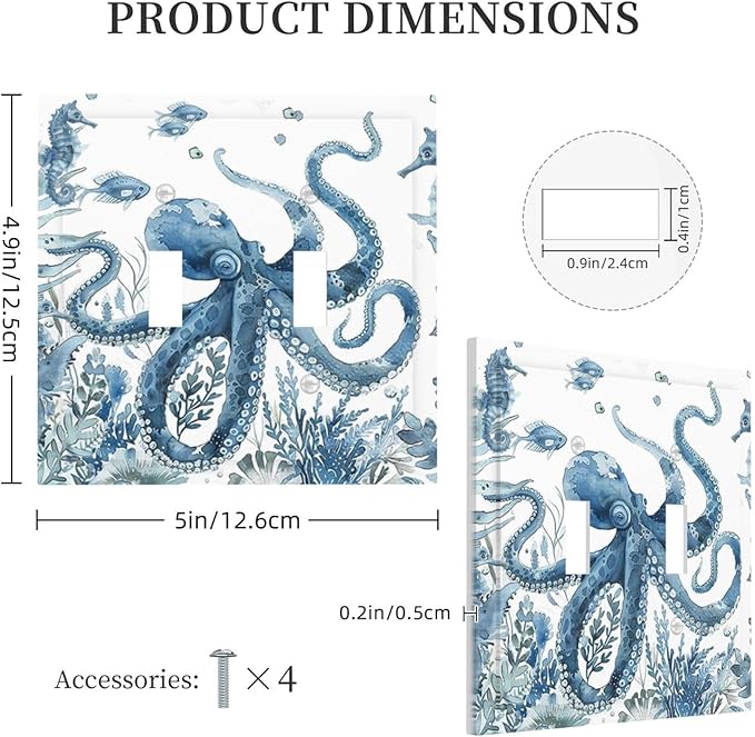 Blue Octopus Squid Seahorse Coral Watercolor Wild Sealife Decorative Switch Plates 2 Gang Double Toggle Outlet Light Switch Cover Wall Plate Electrical Faceplate for Bathroom Kids Room Decor