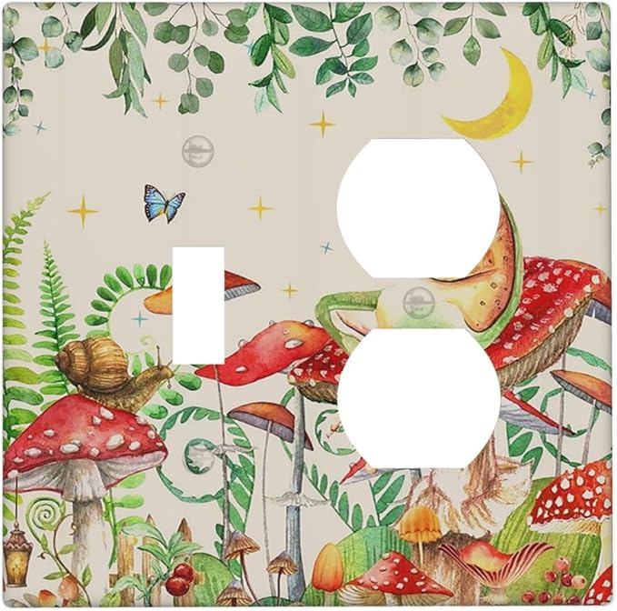 Wallplates Boho Mushrooms Frogs Butterflies Flowers Moon Stars 1 Toggle 1 Duplex Switch Plate Electrical GFCI Faceplate Decorative Light Switch Covers for Kids room Bedroom Decor
