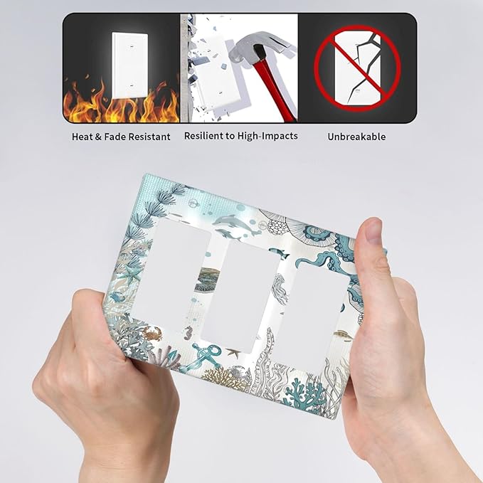 Sea Turtle Octopus Ocean Underwater Animal 3 Gang Rocker Light Switch Covers Decorative Unique Triple Outlet Wall Plate Cover Faceplate Decorative Switchplate GFCI for Bedroom Bathroom Decor