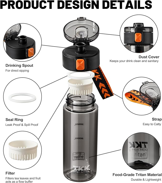 TKK Sports Water Bottle, 17oz Tritan Kid Jug with Leak Proof Lid & Handle Strap & Built-In Infuser - BPA-Free, Easy-Clean Design for Gym, Office & Outdoor Travel, Black