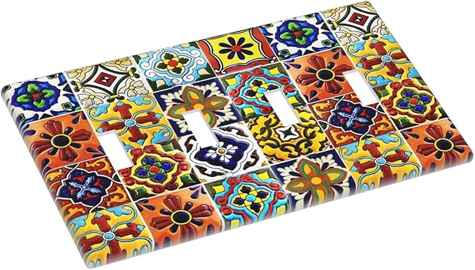 Boho Mexican Moroccan Tile 4 Gang Quad Toggle Device Light Switch Cover Decorative Wall Plate Decorative Electrical Faceplate Outlet Cover