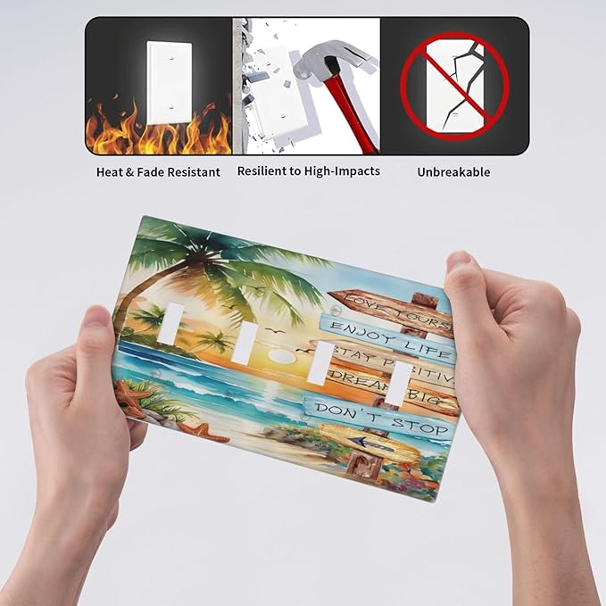 Tropical Beach Palm Tree Summer Coastal Ocean Sunset Light Switch Covers Quad Toggle Electrical Faceplate 4 Gang Wall Plate Decorative Switch Plates for Bedroom Living Room Decor