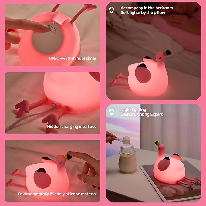 Pink Flamingo Night Light for Kids, Dimmable Silicone LED Baby Nursery Night Light, Funny Nightlight Girls Trendy Gifts, Rechargeable Bedside Lamp Kawaii Pink Decor for Bedroom Home Office