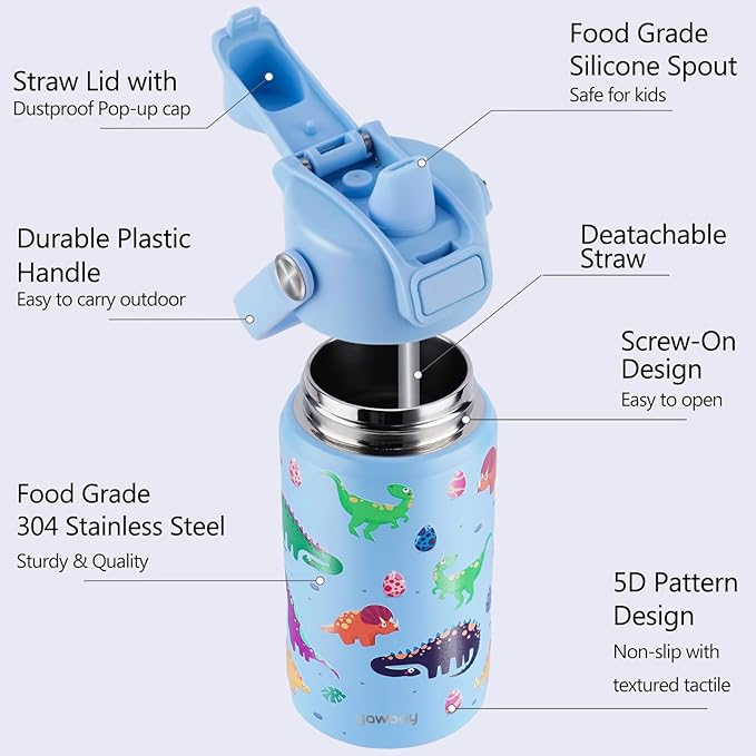 Kids Water Bottle for School 12 oz,Stainless Steel Insulated Water Bottles,Dinosaur Water Bottle for Toddler Boys Girls with Pop-Up Straw-Cap(Dino)